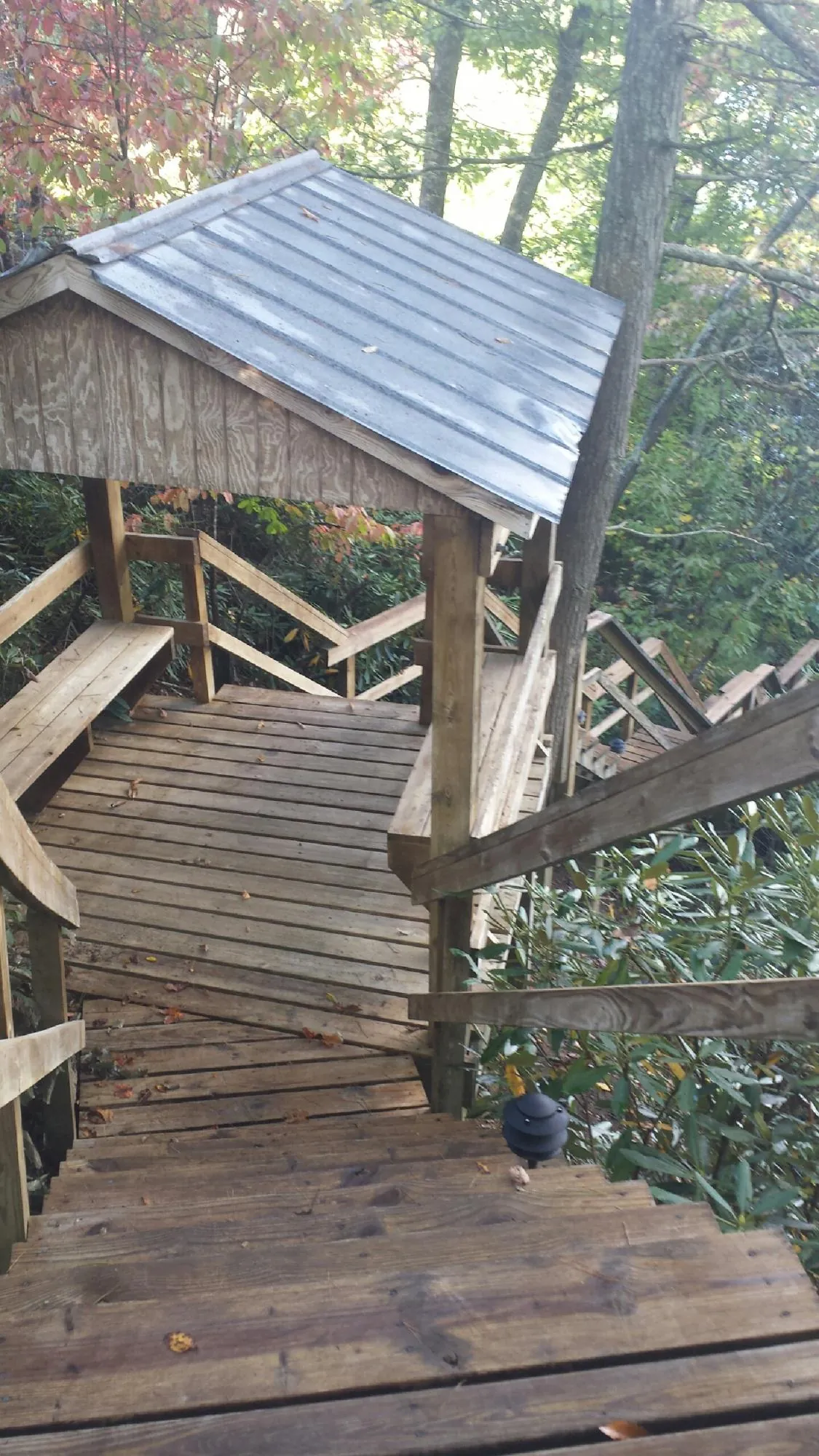 Metal roofed shelter over wooden steps on a wooded walkway — Skylight Repair & Installation work by our crew in New Bloomfield